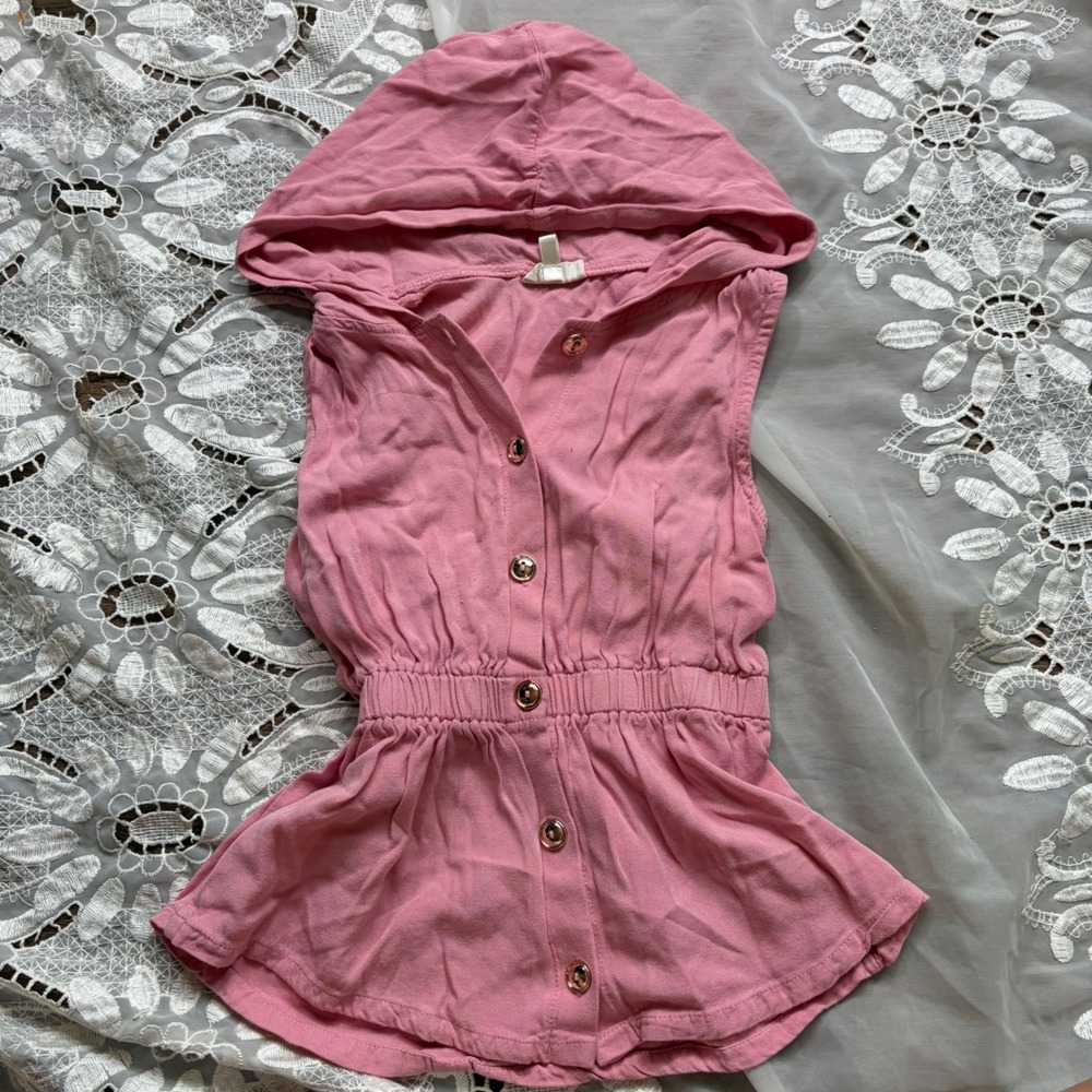 Y2K Playground Prep Self Esteem Pink Sleeveless Hooded Button Down Top Size M